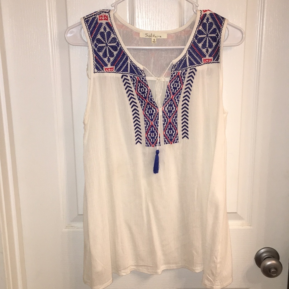 CREAM BLUE AND RED PATTERN BLOUSE